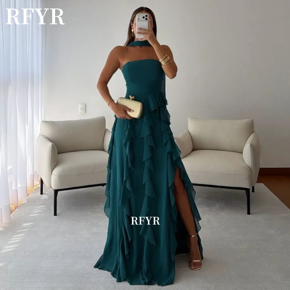 

RFYR Chiffon Prom Dress with Ruffles Party Dress with Scarf A Line Evening Dress Side Slit vestidos de fiesta Customized