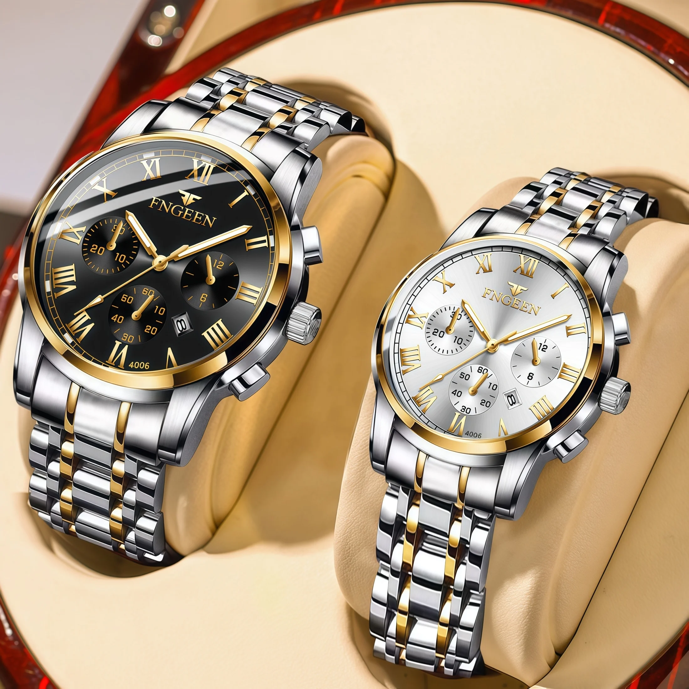2Pcs/Set Couple Watch Fashion Valentine's Day Gift Stopwatch Roman Numerals Complete Calendar Function 30M Water-Resistance 4006