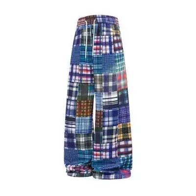 Color stitching plaid wide-leg pants women autumn new fashion Vintage Patchwork Plaid Pants Multi-Color Check design