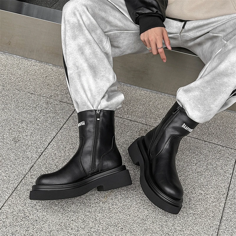 

British Style Thick Soled High Top Chelsea Boots for Men Classic Black Round Toe Side Zipper Youth Personality Retro Men Boots