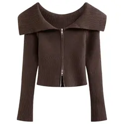 Women's Knitted Crop Top with Zipper, Sexy Fashion, Street Sweater, Aesthetic Girly Cardigan, Female Crop Top, Y2k 2024, New