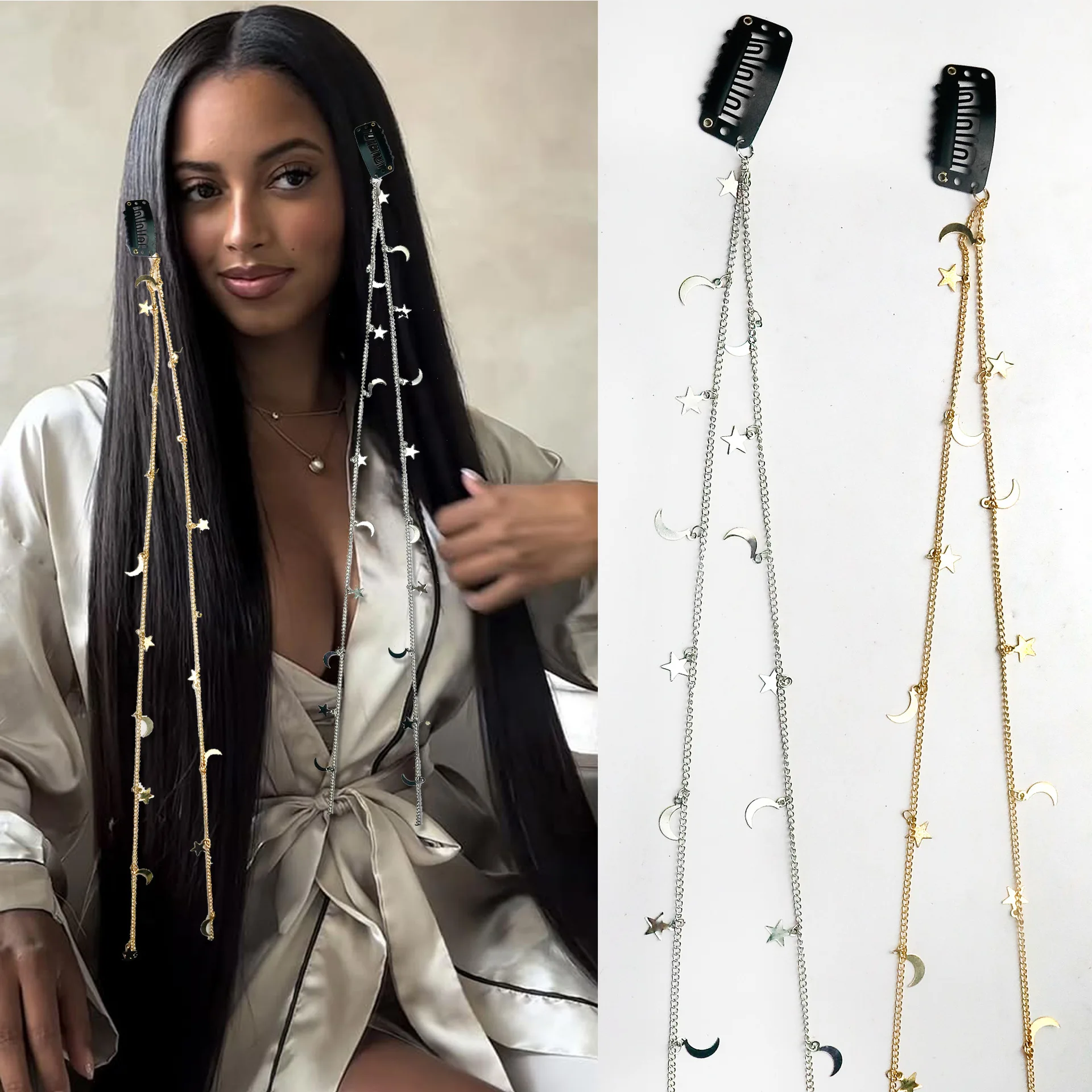 New Personality Invisible Hair Clip Moon Star Braid Chain DIY Trendy Metal Chain Hair Decoration Headwear
