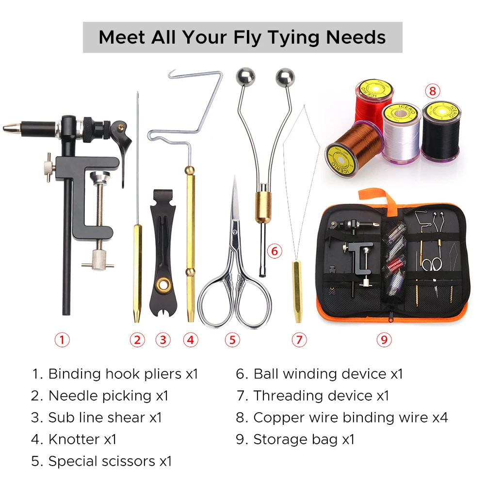 طقم أدوات ربط الذباب مع أداة التحكم بالخيوط ، سوط الإبرة ، مقص التشطيبات لمحترفي الصيد الجوي