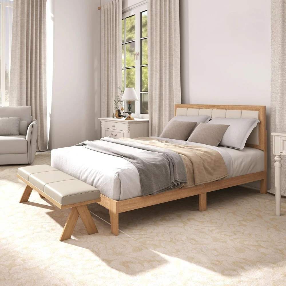 

Bed Frame with Upholstered Headboard, Platform Bed Frame with Wooden Slats, No Box Spring Needed, Easy Assembly