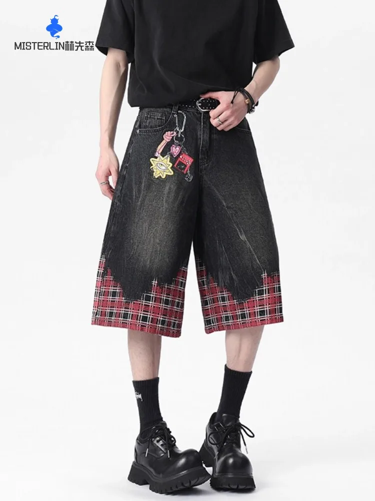 2025 Summer New American Retro Street Style Plaid Denim Capri Pants Fashion Trend Loose Casual Comfortable Shorts for Men