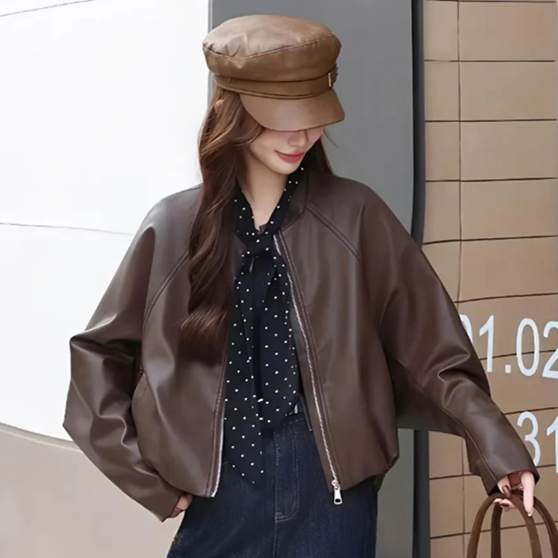 المرأة الكورية بولي Leather سترة جلدية وشاح حريري أنيق الخريف الشتاء معطف الشارع عادية Batwing كم س الرقبة أبلى Harajuku Y2K #3