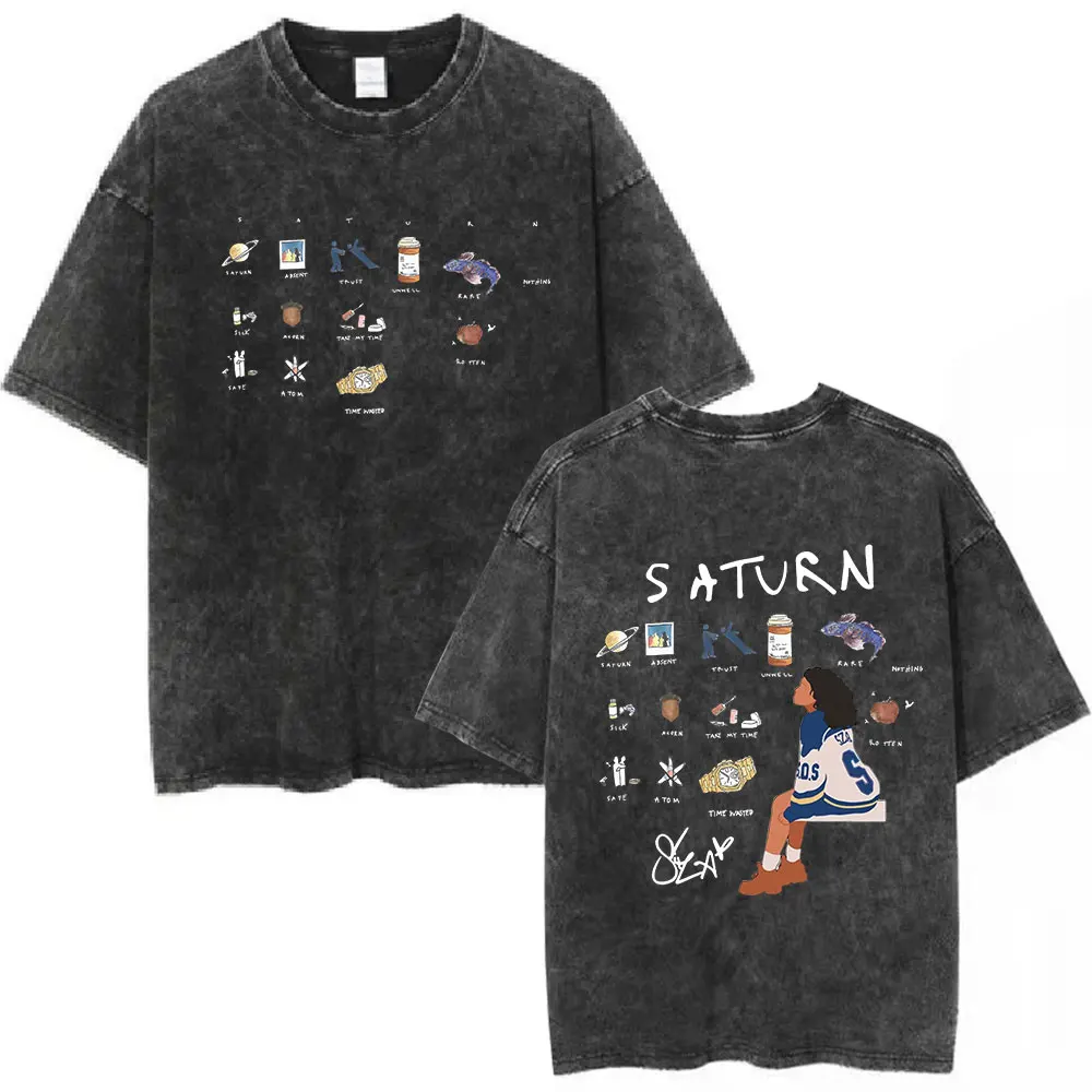 SZA 2024 Music Saturn Vintage Washed T Shirt Men Women Fashion Harajuku T-shirts Cotton Casual Oversized Short Sleeve T Shirts