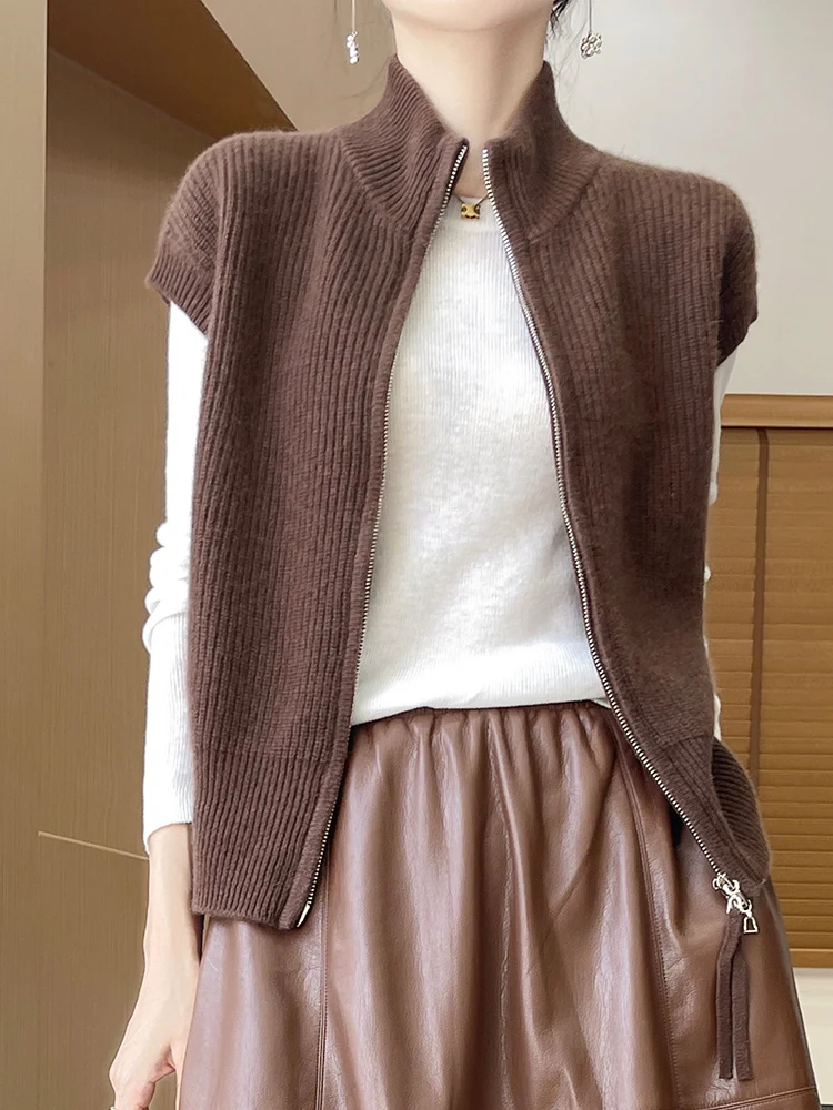 New Chic Autumn Winter Women Cashmere Vest 100% Merino Wool Sweater Waistcoat Turn Down Collar Zipper Knitwear Top Clothing