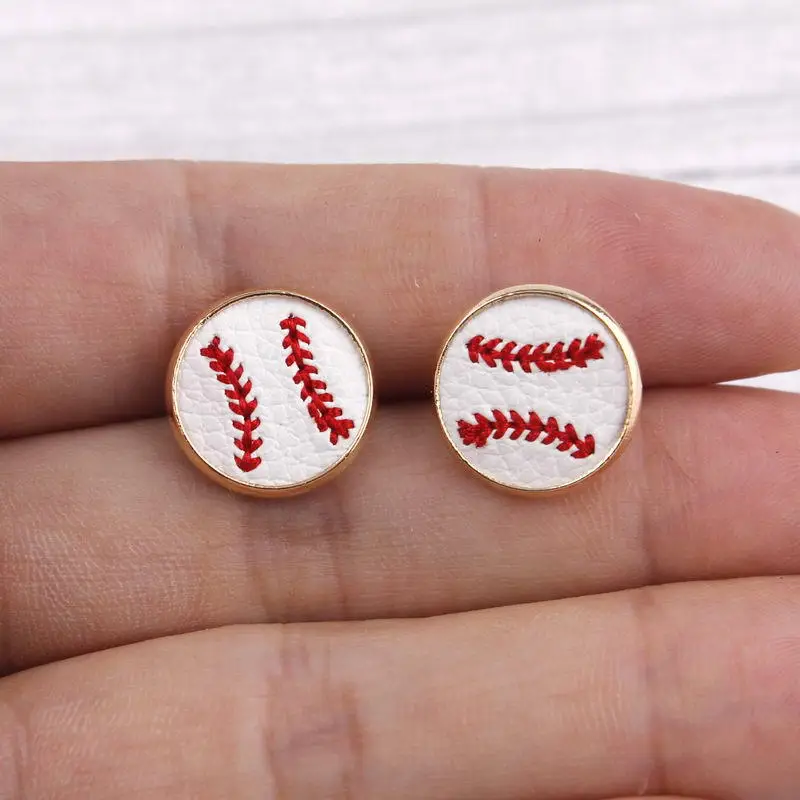 20 Pairs Embroider Yellow White Leather Round Baseball Softball Stud Earrings Sports Team Jewelry Gifts Wholesale