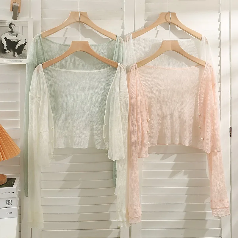 

Summer Women's Thin Shawl Cardigan Sun Protection Long Sleeve Short Length Loose Fit Korean Style Commute Lace Shirt Cover up