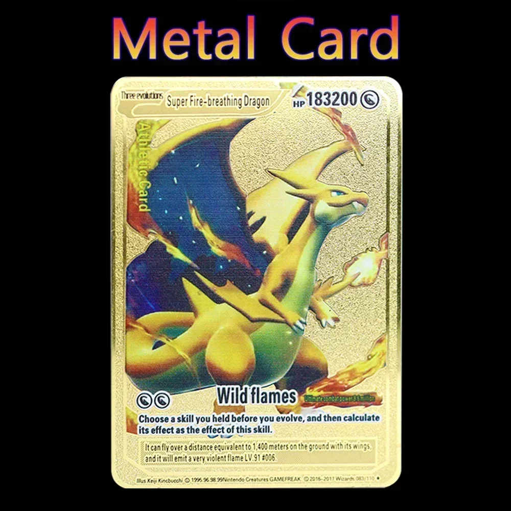 بوكيمون 183200 نقطة عالية Hp Charizard بيكاتشو Mewtwo الذهب الأسود الإنجليزية الفرنسية بطاقات معدنية Vmax Mega GX بطاقات جمع الألعاب