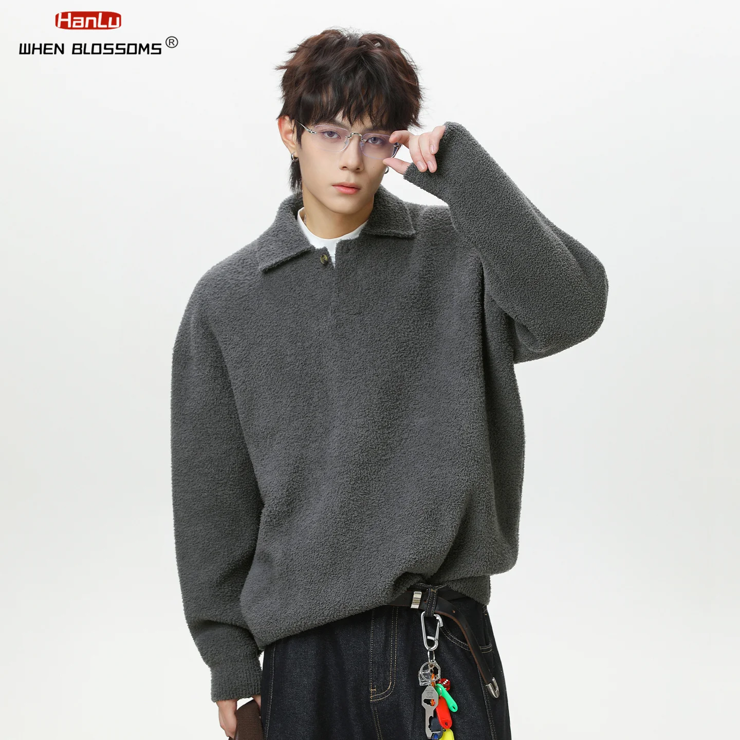 Hanlu 2025 Men's Vintage Half-Pile Sweater Seagull Collar Heavyweight Warm Knitwear Retro Business Casual Pullover