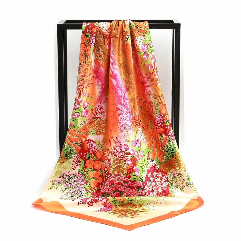Neue Seide Quadrat Schal Frauen Designer Floral Print Satin Schals für Dame Foulard Bandana Schals Weibliche Halstuch 90 cm Hijab – Detail 4