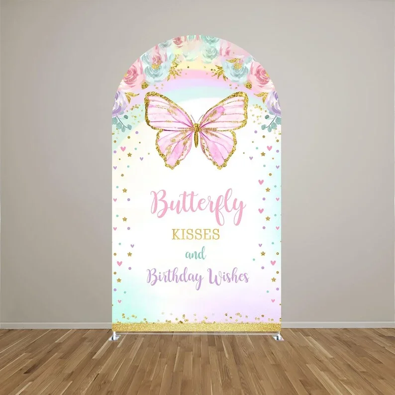 Мехофонд арка фон крышка цветы девушка бабочка поцелуи и пожелания на день рождения вечерние золотой розовый детский душ украшение фон
