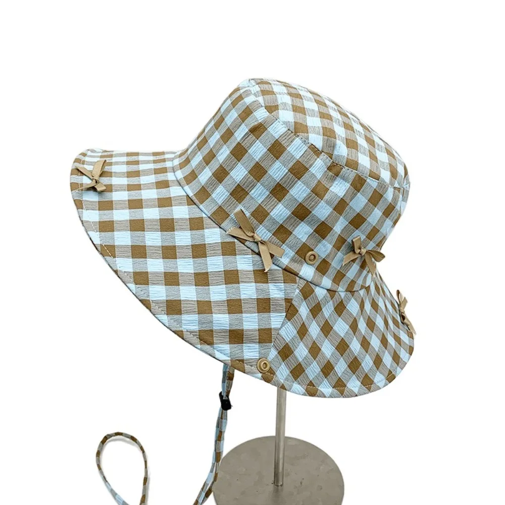 

Милая защита от солнца, походная рыбацкая шляпа, универсальная клетчатая походная кепка с большими полями, солнцезащитный крем, маленькая решетчатая шляпа-ведро с бантом, дорожная шляпа