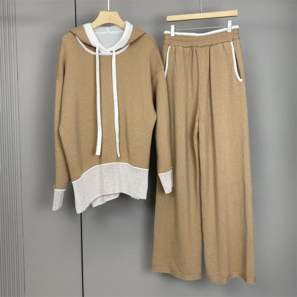 Autumn Women's Cashmere Suit Drawstring Hooded Knitted Pullover Sweater + High Waist Wide-Leg Pants 2-Piece Set