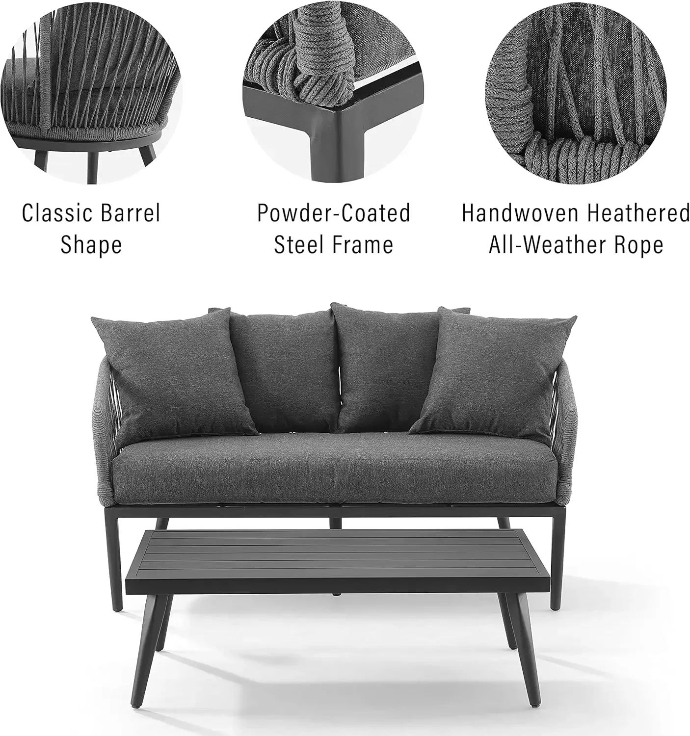 Furniture CO7330MB-CL Dover Outdoor Rope 2-Piece Conversation Set (Loveseat, Coffee Table), Matte Black with Charcoal Cushions