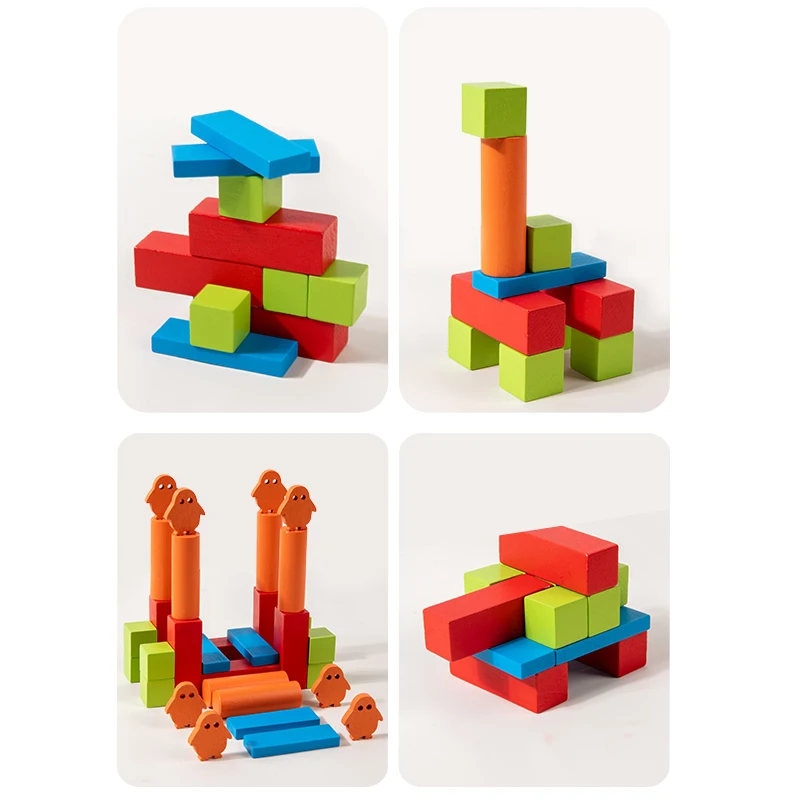 Conjunto de blocos de construção de pinguim de madeira, blocos de empilhamento, criação de jogo de pilha, brinquedos de classificação, formato de cor para crianças em sala de aula escolar