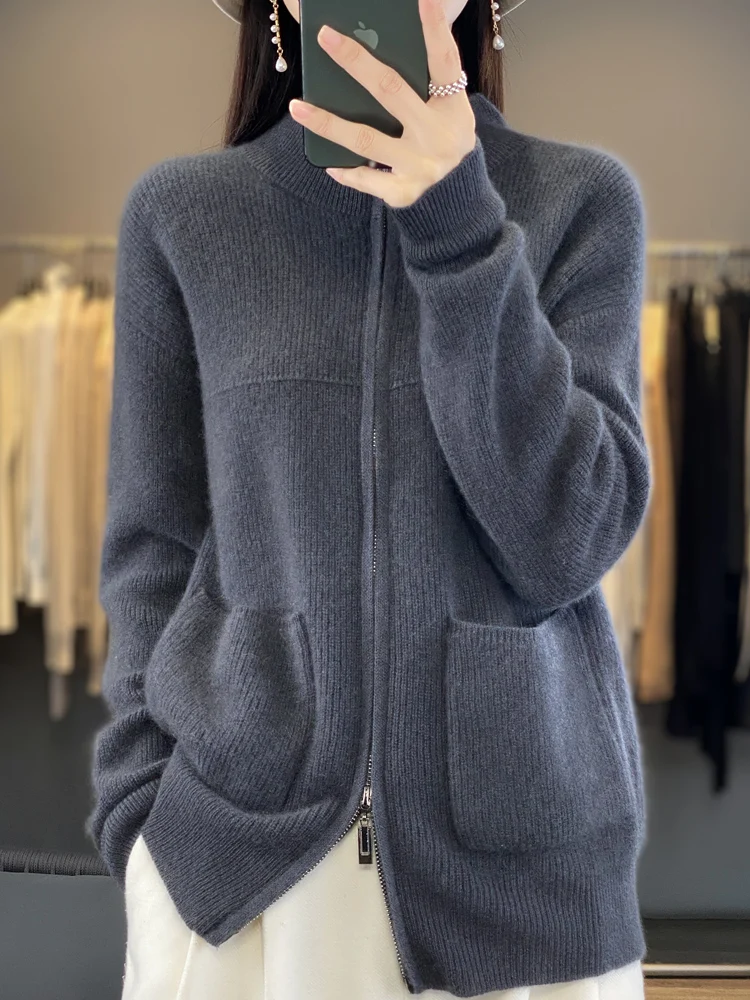 

New 100% Merino Wool Women Cardigan Autumn Winter Zipper Sweatercoat Soft Warm Cashmere Knitwear Pocket Casual Jacket Top Coat