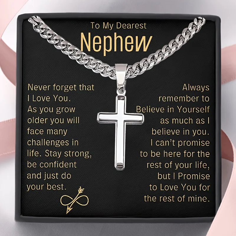 To My Dearest Nephew Cuban Chain Cross Necklace, Jewelry Gift with Card and Gift Box Packaging