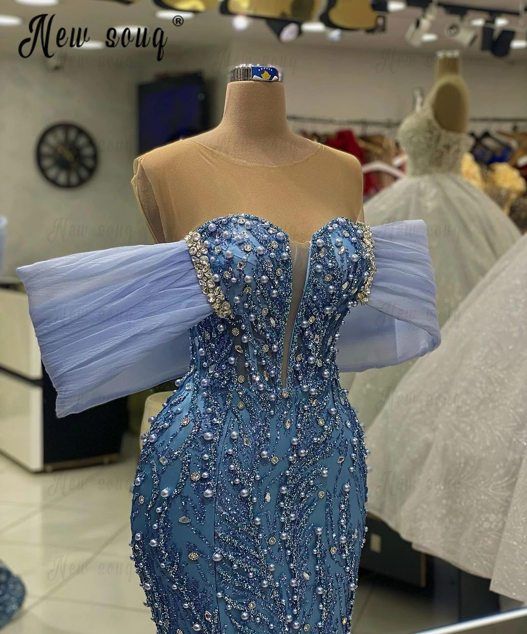 Chic Light Blue Evening Dress Off Shoulder Sweetheart Mermaid Wedding Event Gowns Arabic Women Dinner Night Dresses فساتبن سهرة