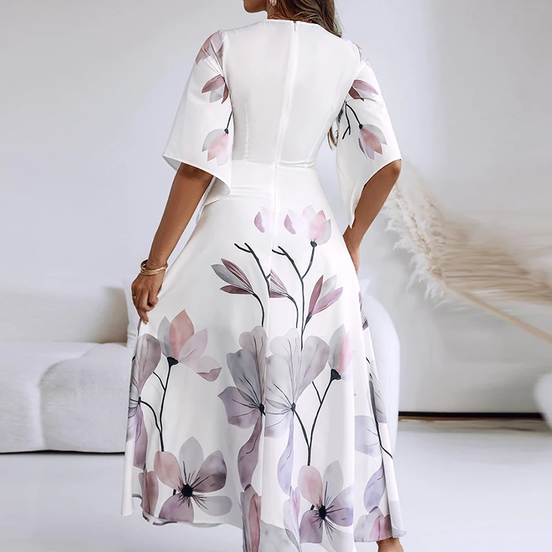 

Elegant Half Sleeve Women's Slim Banquet Dress Fashion New High Waist Pleated Dresses Casual V-neck Floral Printed Commute Dress