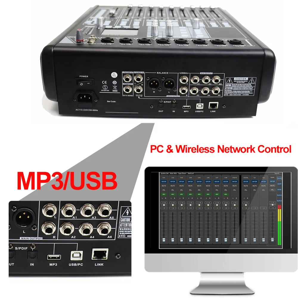 Paulkitson MX8812 12-Channel Digital Mixing Console Motorized Faders Audio Mixer PC WiFi Control for Pro Stage DJ