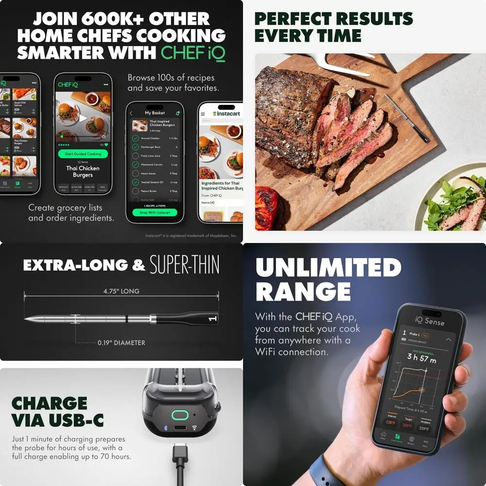 

Wireless Smart Meat Thermometer - Thin Probe, WiFi, 5 Sensors, Up to 1000°F, for BBQ, Grill, Oven, Smoker, Air Fryer | Gen3