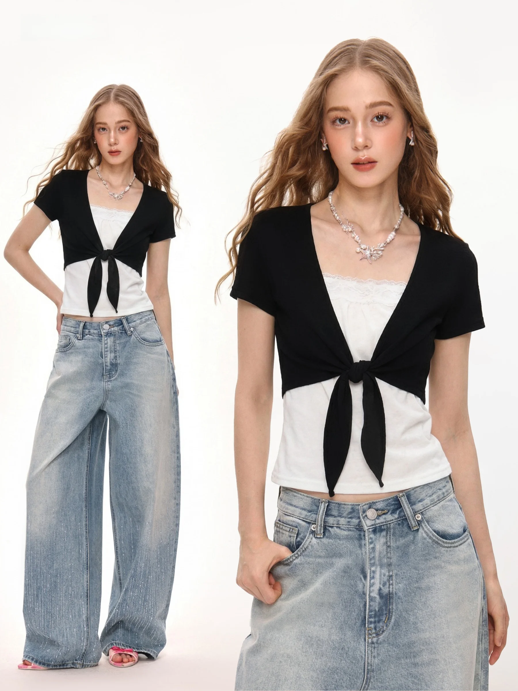 

Summer Short Sleeve T-Shirt Women's Fashion American Style Contrast Color Lace Trim Knot Short Top High Waist Pants Set
