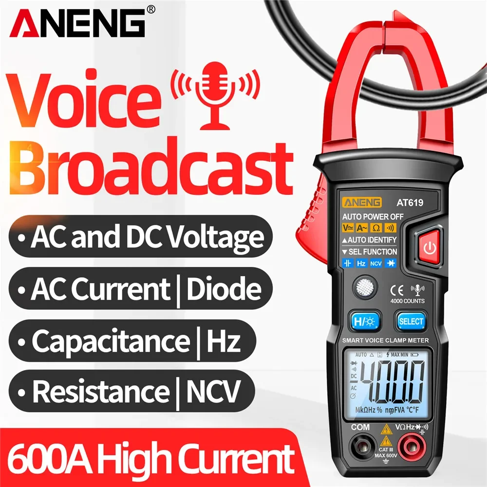 

ANENG AT619 Clamp Meter AC Current Voice Broadcast Multimeter Ammeter Voltage Tester Car Amp Hz Capacitance NCV Ohm Tester Tools