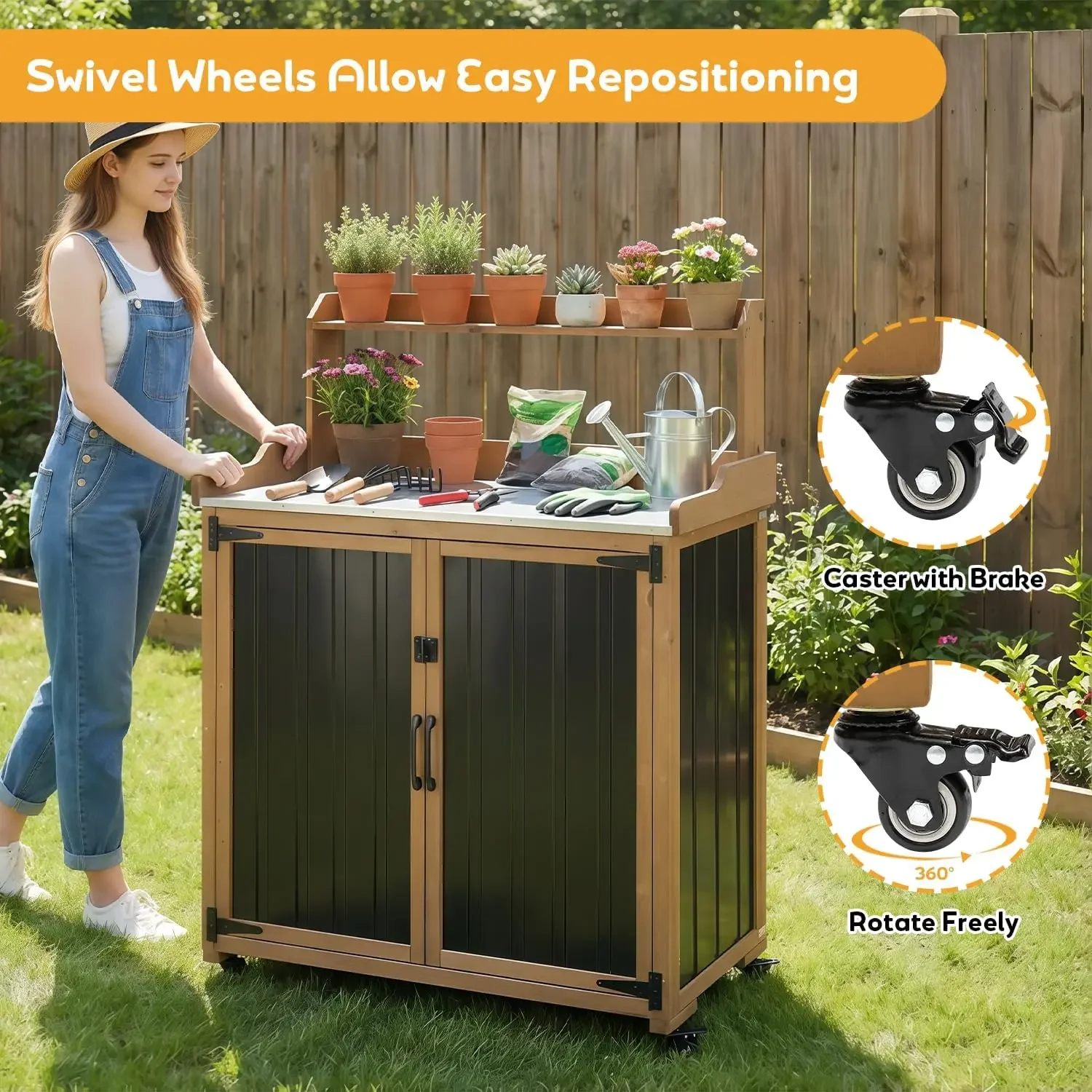 Mobile Potting Bench With Lockable Wheels Adjustable Shelves Waterproof Metal Workstation Garden Patio BBQ Storage Cabinet