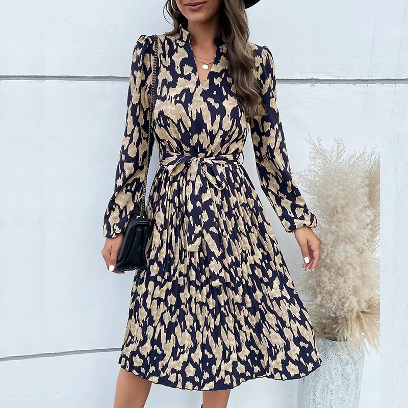 Fashion Women's Autumn Hot Item Pleated Printed Long Sleeved Dress