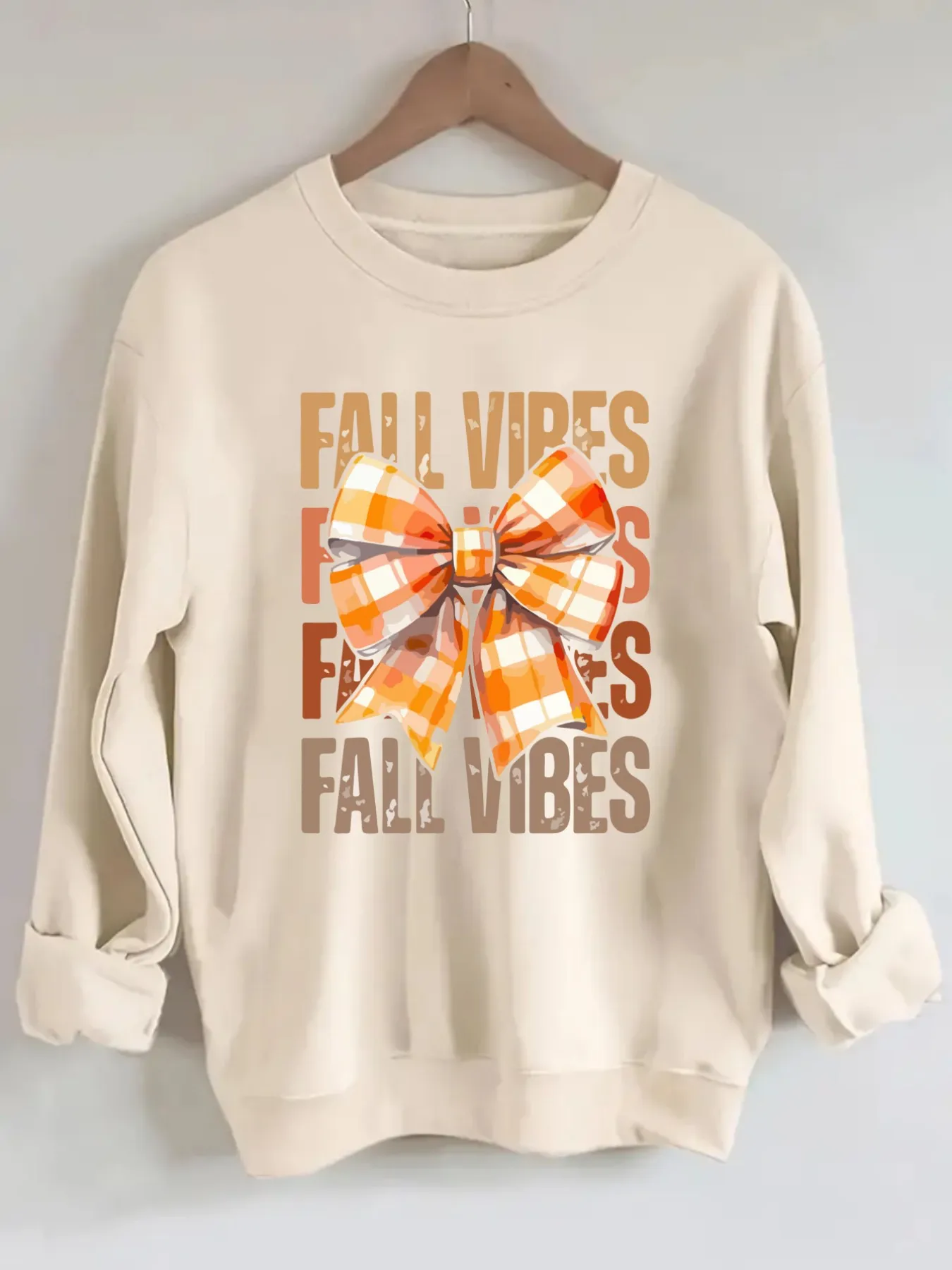 Women's Crew Neck Pullover Sweatshirt Fall Vibes Bow Design, Soft Casual Long Sleeve, Daily Casual Top Outfit, Winter Women's Clothing, Halloween Costume Outfit