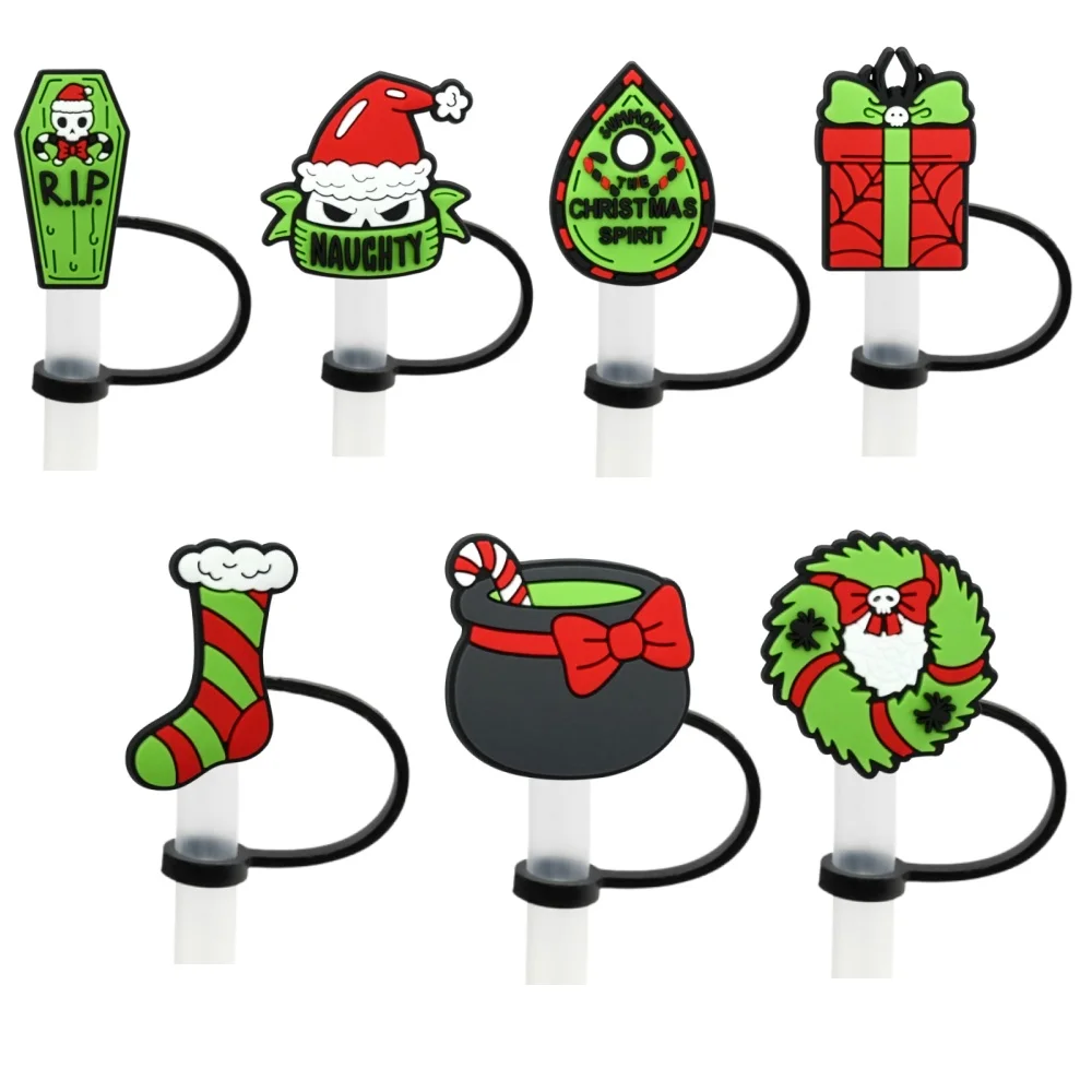 

1-7PCS Cartoon Halloween Christmas Straw Cover Cap Silicone Plug Reusable Tip Splash Proof Drinking Buckle Fit Cup Pendant Party