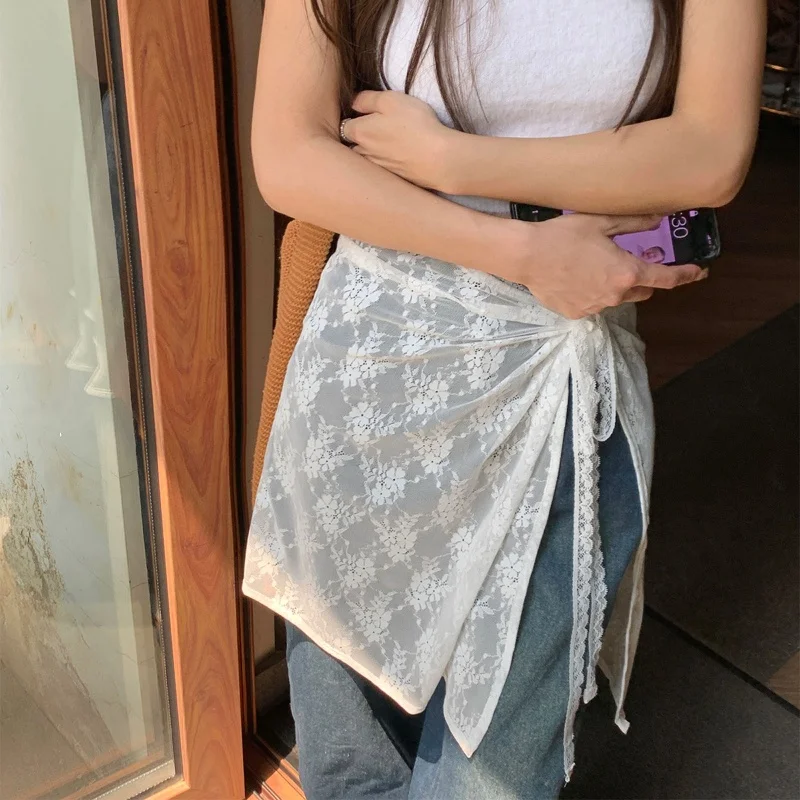 Falda delantal de encaje Y2k para mujer Falda midi de moda con lazo de cuerda Diseño versátil Accesorios de moda coreana