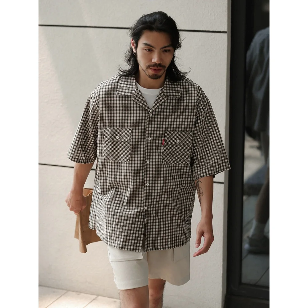 Cityboy Vintage Cuban Collar Pure Cotton Oversize Plaid Shirts Men Streetwear Loose Casual Short Sleeve Cargo Shirts Blouses