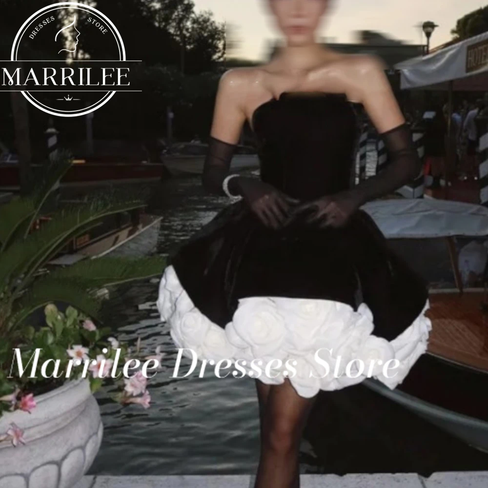 Marrile Customized Short Prom Dress Black Girls Velvet Fabric Giant Organza Flowers Black Gown Evening Dress Graduation Sexy