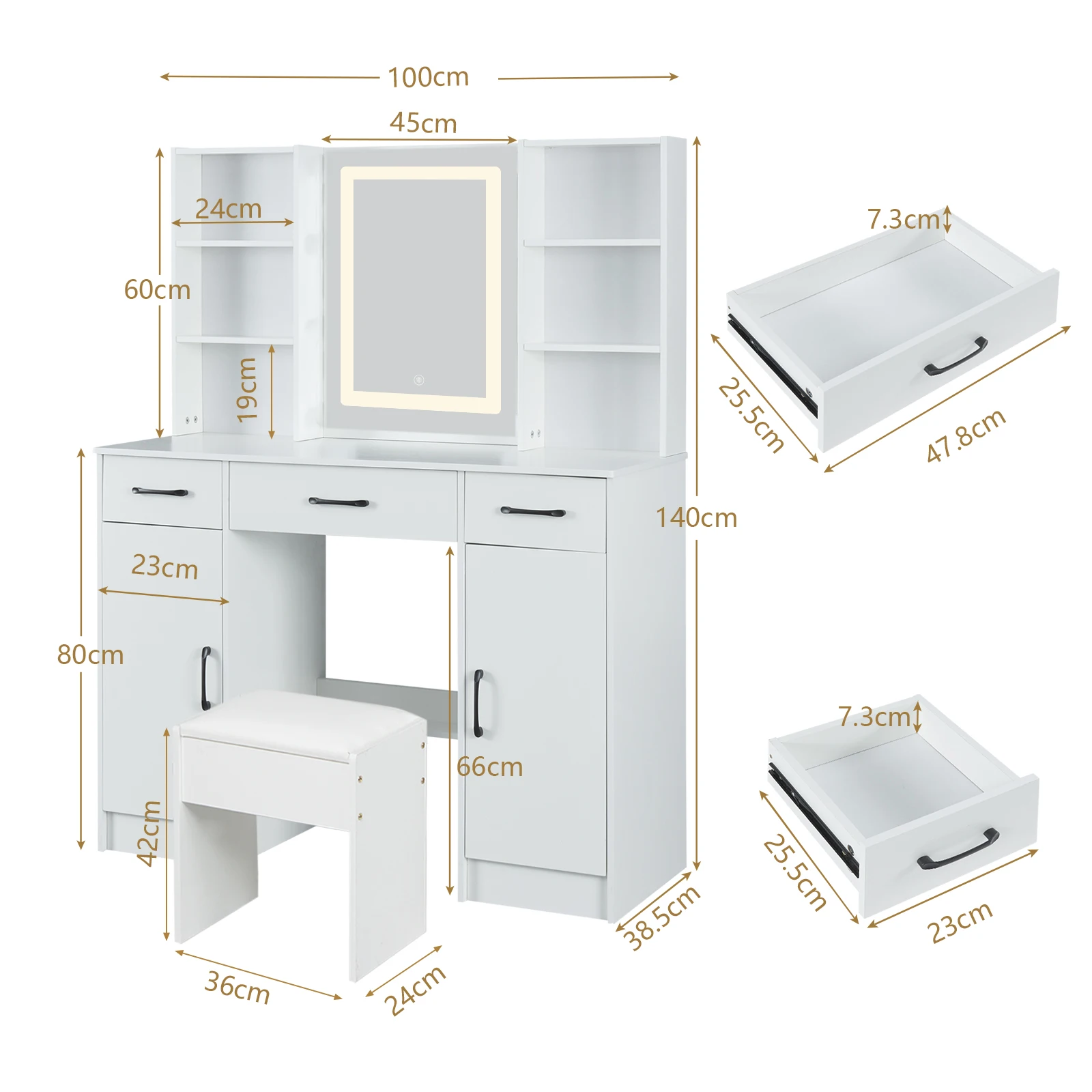 【صفقات 11.11، عروض الجمعة السوداء 2025】مجموعة زينة كبيرة بمرآة مضاءة LED وطاولة مكياج مكونة من 3 أدراج