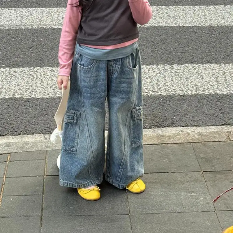 

Детские прямые брюки, винтажные джинсы для девочек, детские повседневные брюки, осень 2023, новые джинсовые брюки-карго для мальчиков, детские свободные брюки