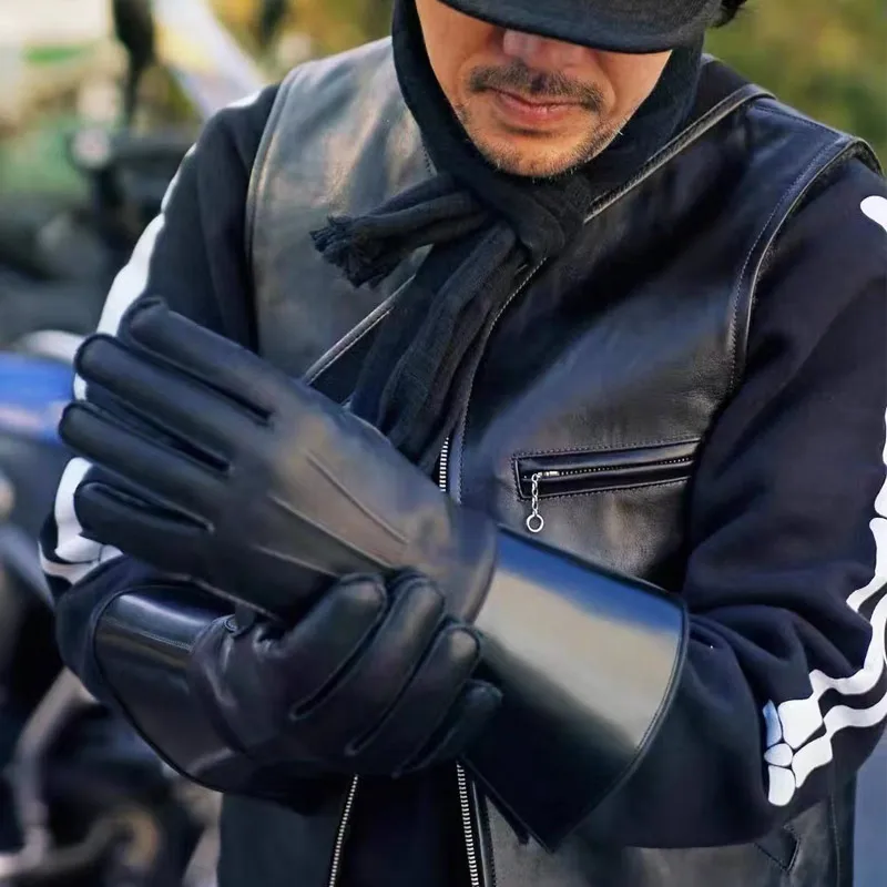 Mens Leather gloves Touch Screen Double Cuff Luxury Unlined Genuine Leather Tight Long Sleeve Driving Riding Moto Gloves