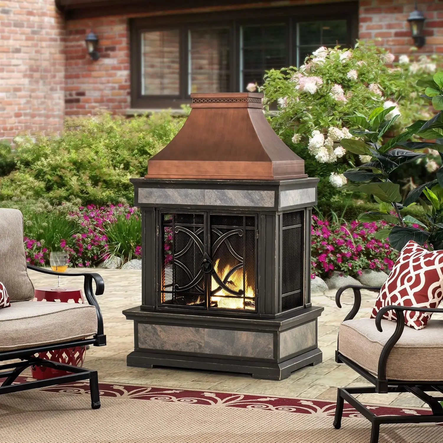 

Sunjoy Outdoor Fireplace Stone Look Tile Patio Wood Burning Steel Chimney Spark Screen Fire Poker Rain Cover Removable Grate