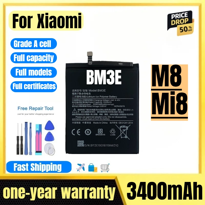 BM3E for Xiaomi MIUI M8/Mi8 Mobile Phone Battery High Quality High Capacity Battery Replacement Bateria Grade A Cell with Tools