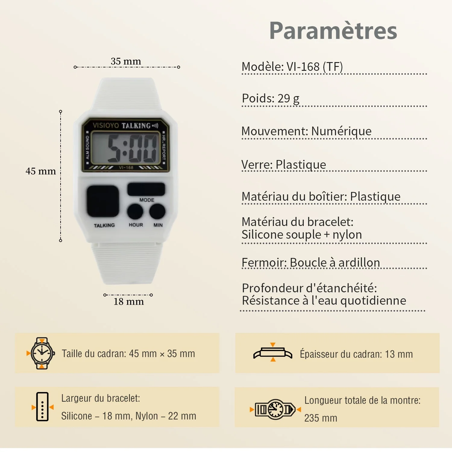 ساعة ناطقة فرنسية للمكفوفين وضعاع البصر، مع توقيت/إنذار مدفون، لكبار السن ومستخدمين منخفض الرؤية VI-168(FR))-WHT-N