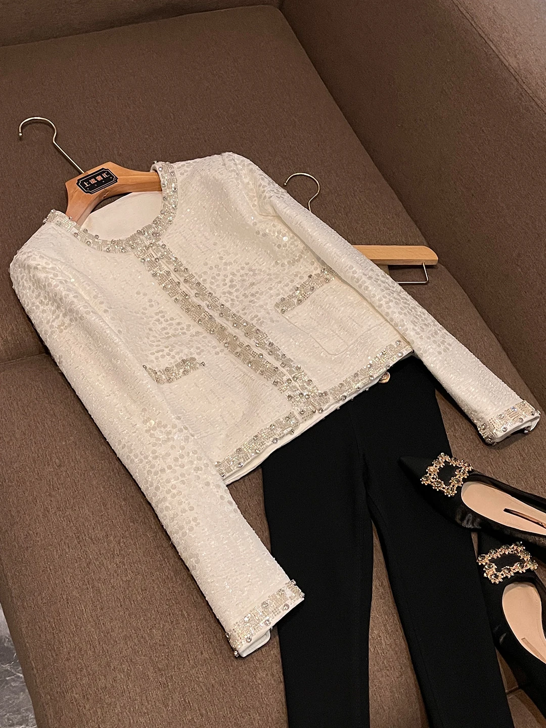 

Ele ort Casual Women's Jaet with Nail Drill Design Faionable Cact Size Open Cardigan Suitable for Office Wear