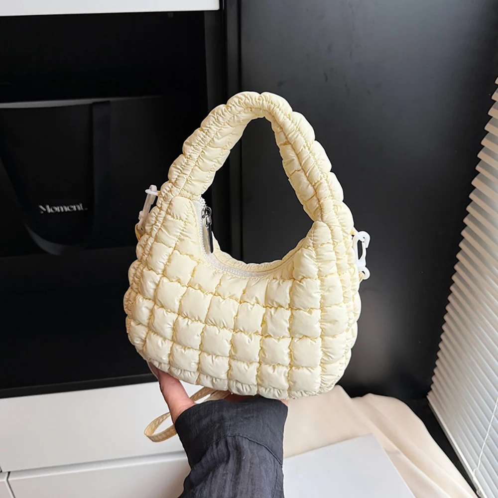 Women Soft Plaids Pleated Handbags Casual Solid Color Zipper Versatile Crossbody Bag Daily Commute All-Match One Shoulder Bags