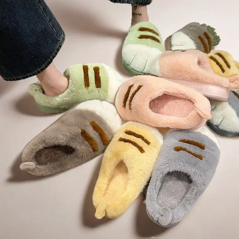 New furry kitty cat paw slippers woman warm winter home mules slides ladies fuzzy slippers funny fluffy animal claw indoor shoes