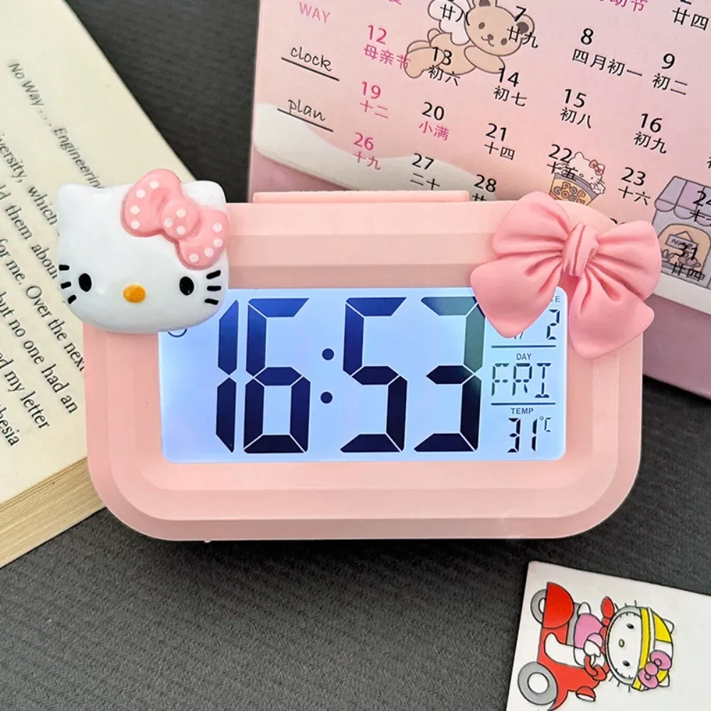 Anime Peripheral Hello Kitty Cartoon Cute Mini Pupil Multifunction Keep Time Alarm Clock Portable Desktop Decoration Table Clock