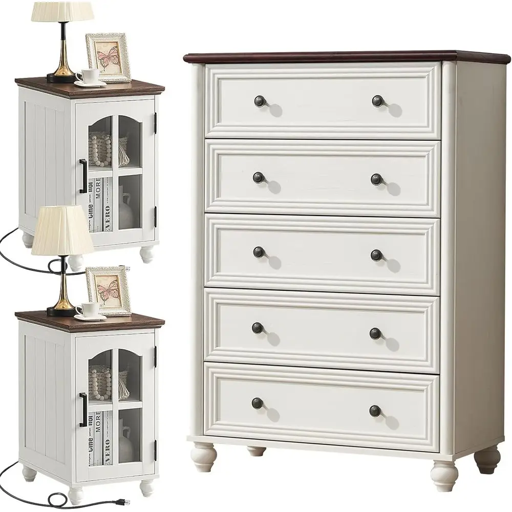 3-Piece Wooden Bedroom Furniture Set: Wide Dresser, Narrow Nightstand with Charging Station
