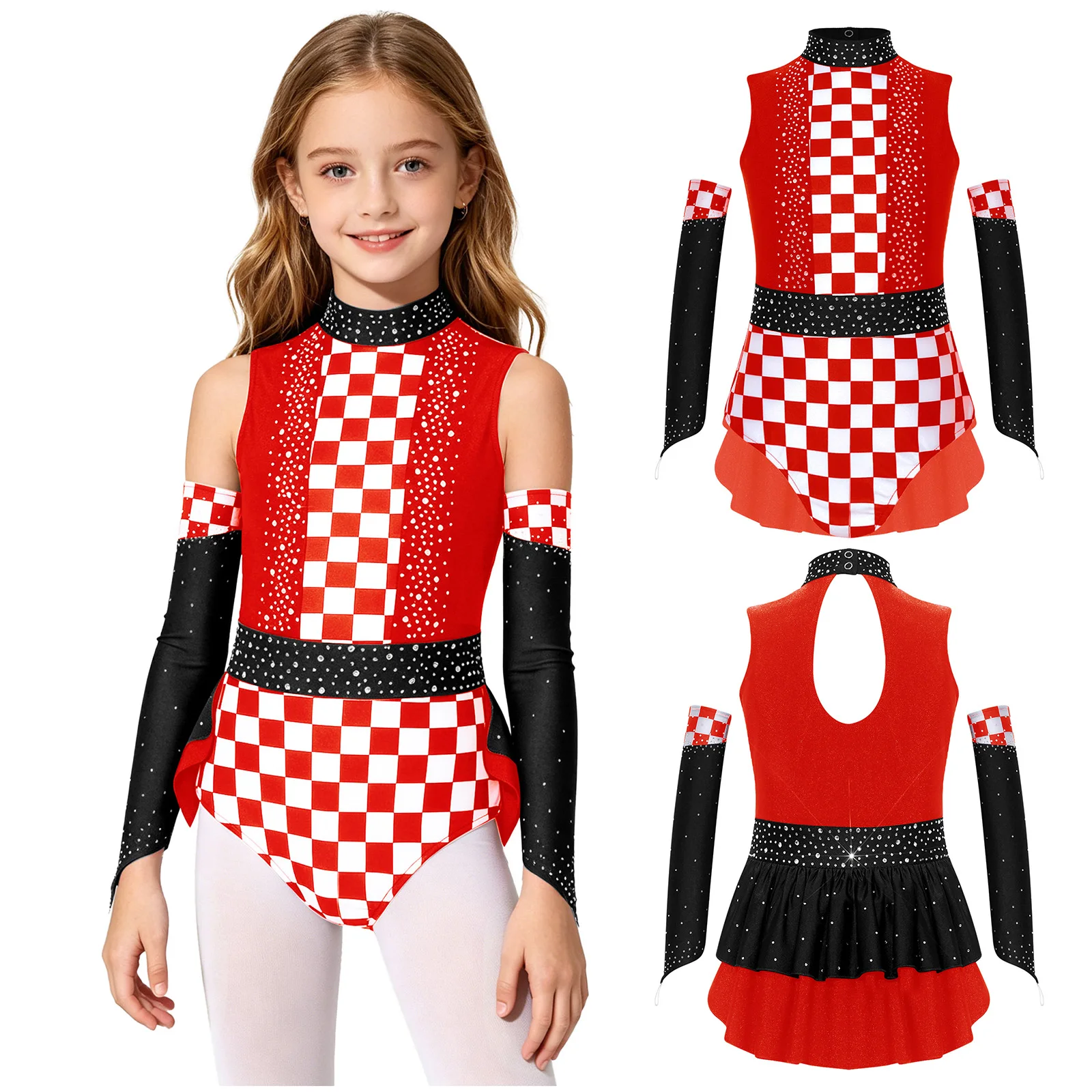 

Girls Sparkly Rhinestone Plaid Ice Skating Leotard Sleeveless Back Cutout Ruffle Overlay Stretchy Competition Stage Performance