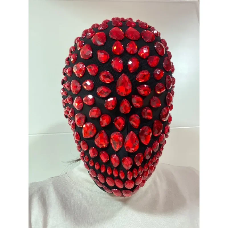 Red Diamond Full Face Mask Handmade Cosplay Punk DJ Stage Dancer Nightclub Headwear Masquerade Carnival Party Rhinestone Mask